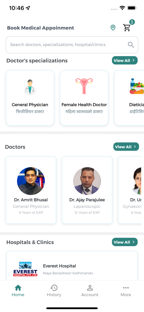 Cura Health app home screen showing medical appointment booking and doctor specializations