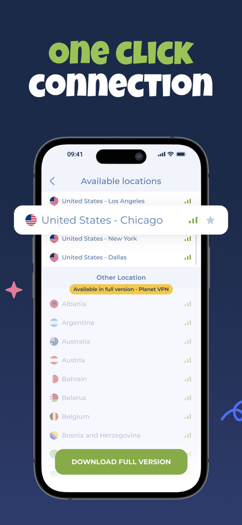 Écran de l'application VPN USA montrant les emplacements de serveurs disponibles dans les villes américaines