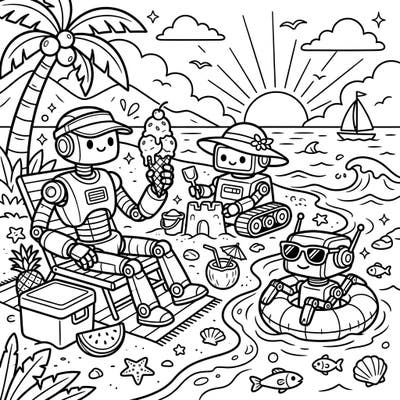 Get ready for a heartwarming and unique summer adventure with our industrial robot coloring page! Watch as these clever machines trade their factory floors for sandy shores, enjoying a perfect day at the beach.