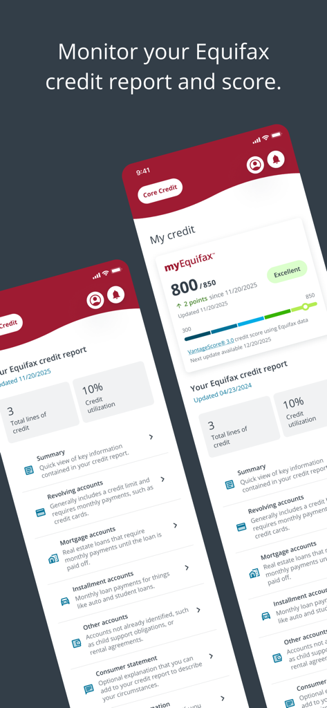 The myEquifax app interface showing a 800 credit score and detailed credit report information including account summaries and credit utilization.