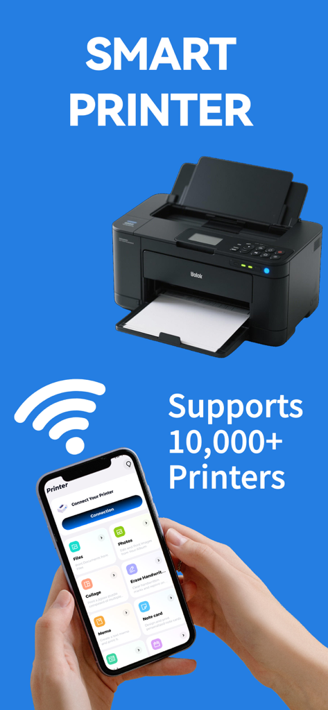 Smart Printer App-Print & Scan - A person holding a smartphone using the Smart Printer app to connect wirelessly to a printer