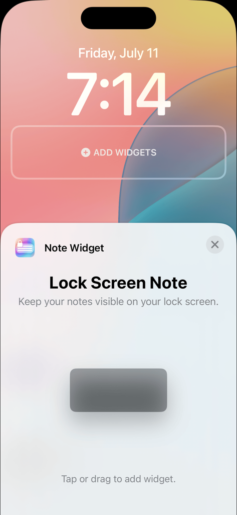 Lock Screen Note - Widget - iPhone customization interface showing how to add the Lock Screen Note widget to the lock screen