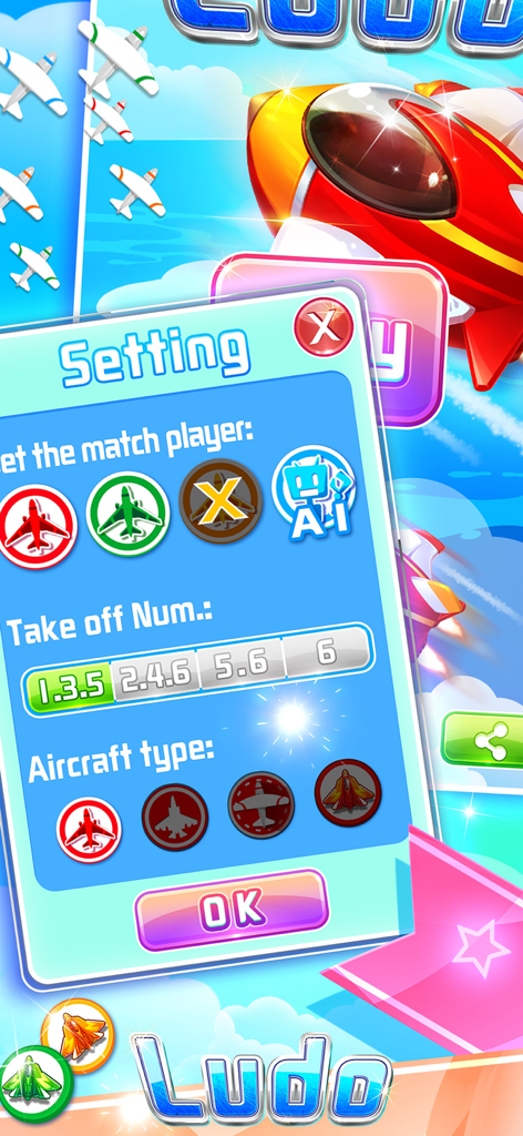 Game settings screen in Ludo Classic Aeroplane Chess showing player and aircraft selection options