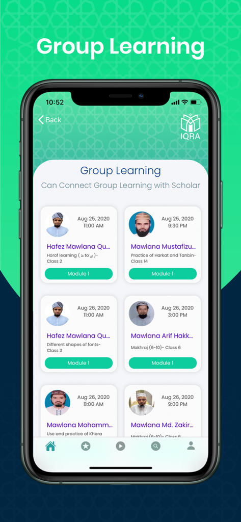 Interface showing group Quran learning sessions with Islamic scholars