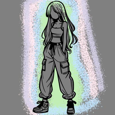 girl in baggy pants crop top and long hair