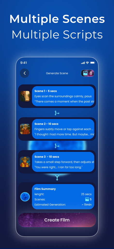 Rigel AI Film Generator - Rigel AI Film Generator mobile interface showing multiple scenes and script descriptions for video generation