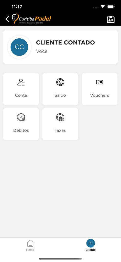 Curitiba Padel - Perfil do cliente do aplicativo Curitiba Padel mostrando saldo da conta e vouchers