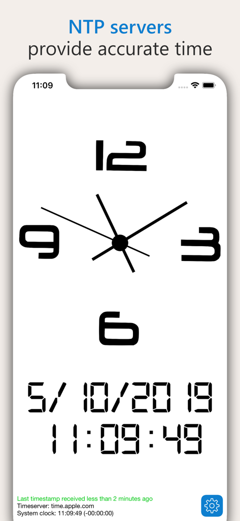 Atomic Clock app interface showing precise analog and digital time with NTP server synchronization details