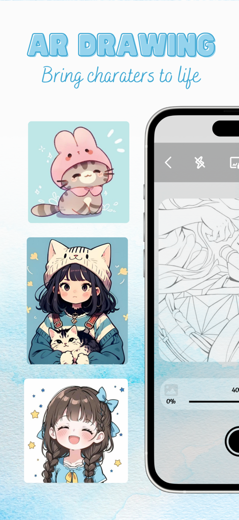 AR Drawing app screen featuring anime character templates and a tracing interface on an iPhone