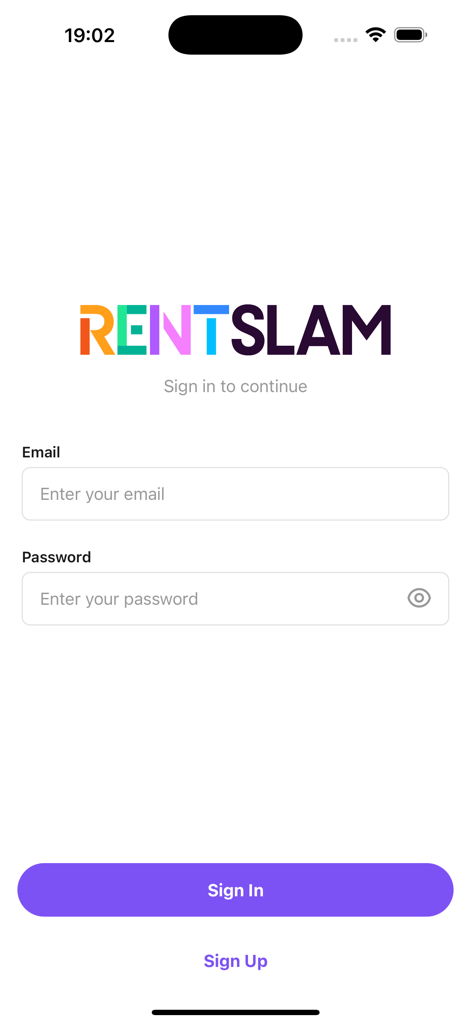 RentSlam - RentSlam mobile app login page with email and password input fields