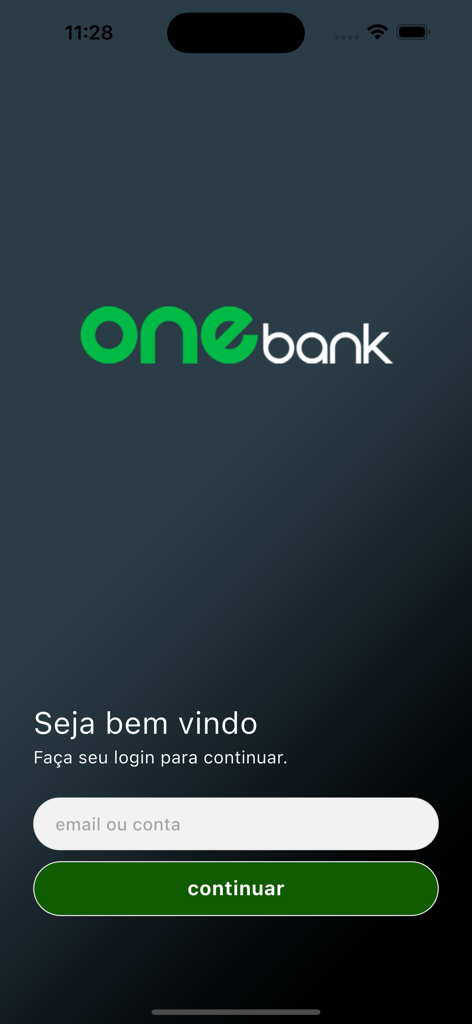OneBank mobile app login screen with a welcome message in Portuguese and an email input field.