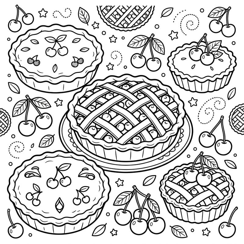 Indulge in a delightful coloring adventure with this charming cherry pies scene, perfect for little hands. Kids will love bringing these sweet treats and their fruity details to life with their favorite colors.