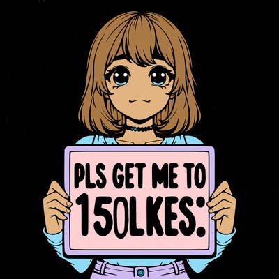 realistic girl holding up a sign that says “pls get me to 15 likes!”