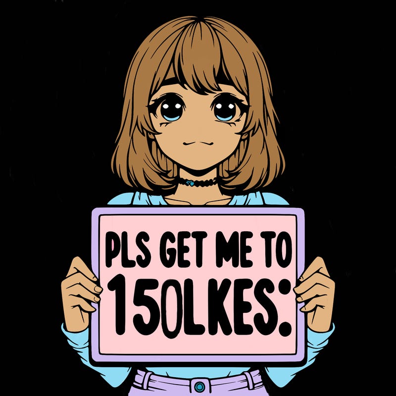 realistic girl holding up a sign that says “pls get me to 15 likes!”