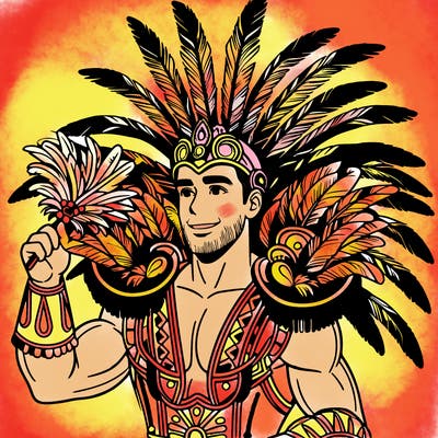 a realistic man  in the carnaval of rio with a carnival costume from brazil with feathers