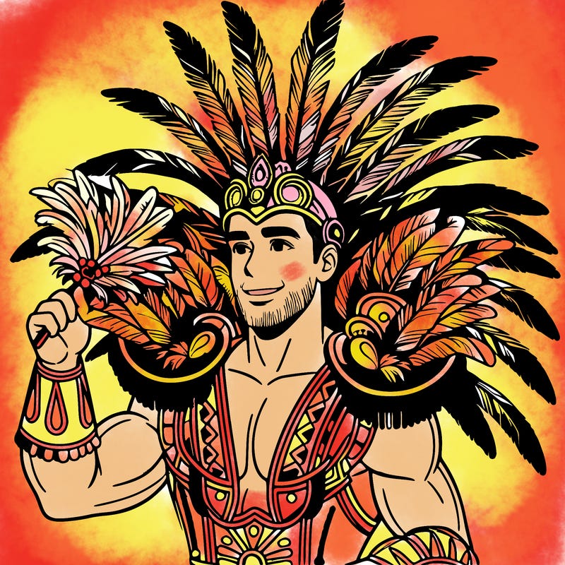 a realistic man  in the carnaval of rio with a carnival costume from brazil with feathers