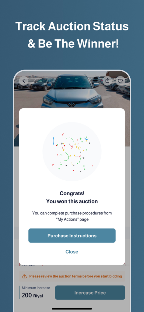 Mazad By Motory - Car Auctions - Ein mobiler Bildschirm mit einer Erfolgsmeldung für den Gewinn einer Fahrzeugauktion in der Mazad By Motory App