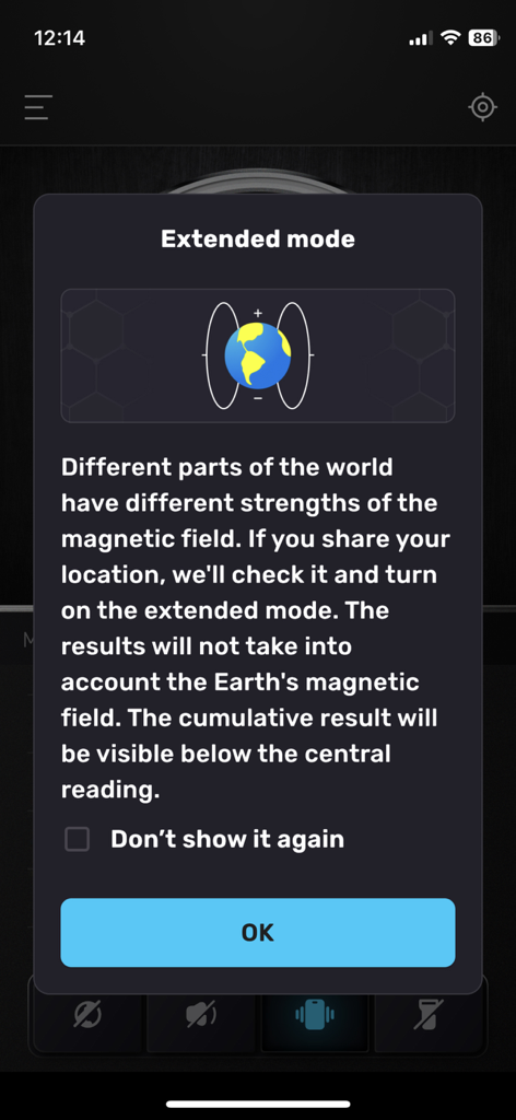 Smart Metal Detector - Detector de Metales Inteligente mostrando la ventana emergente de información del modo extendido