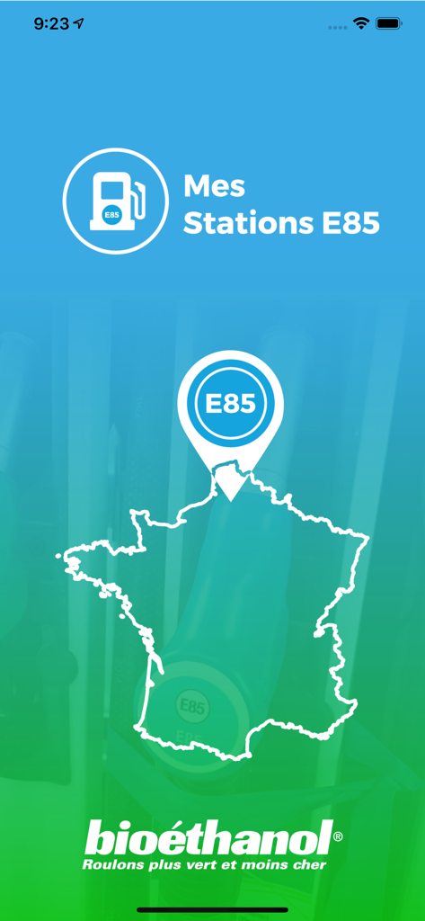Mes Stations E85 3.0 - Startbildschirm der Mes Stations E85 App mit einer Umrisskarte von Frankreich und Bioethanol-Kraftstoff-Branding.