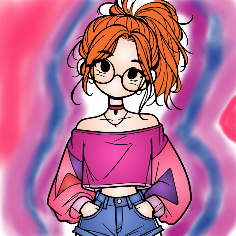 girl with a messy ponytail glasses a baggy crop top and jean shorts