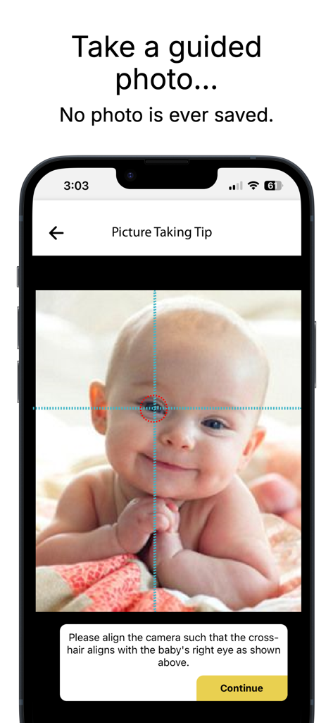 A screenshot of the PACIFIED app showing a guided camera interface for aligning a cross-hair with a baby's eye for biometric analysis.