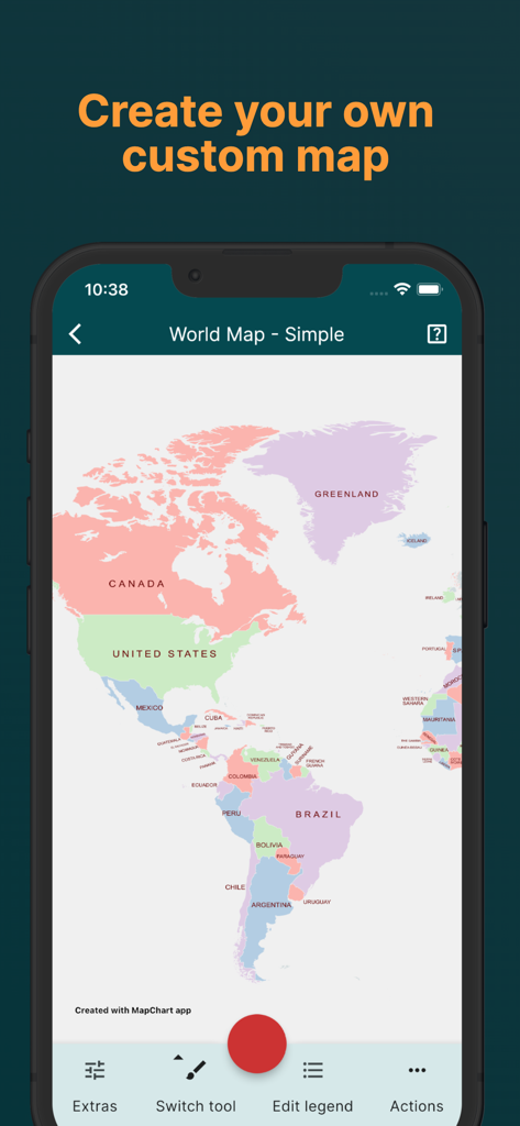 Interface of the MapChart app showing a customizable world map with different colored countries
