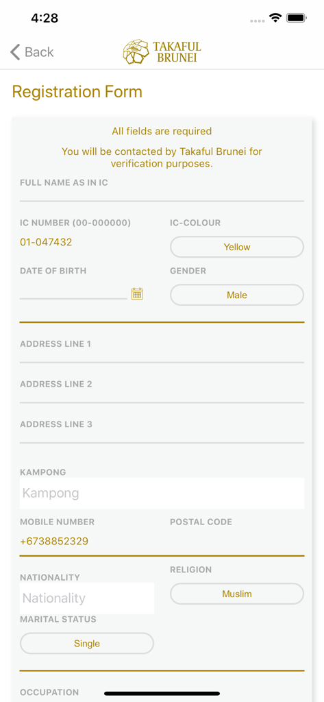 Takaful Brunei - User registration screen in the Takaful Brunei app featuring fields for personal details and identification