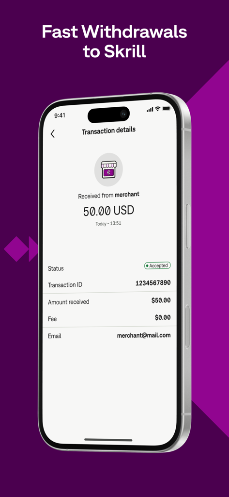 Skrill - Pay & Transfer Money - Capture d'écran de l'application Skrill affichant les détails d'une transaction pour un paiement de cinquante dollars reçu d'un commerçant.