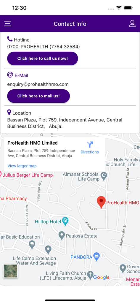 Schermata delle informazioni di contatto dell'app mobile Prohealth che mostra numeri di assistenza, email e mappa della sede dell'ufficio.