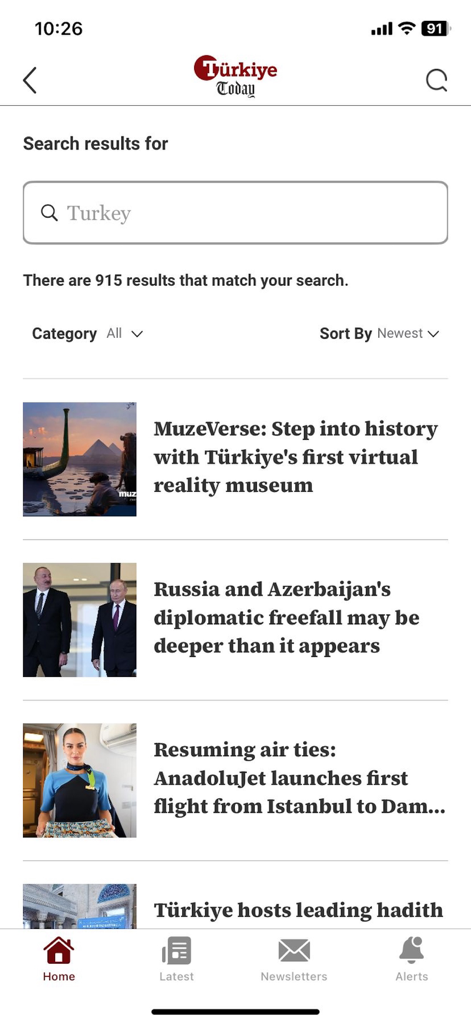 Türkiye Today - Search results screen for Turkey in the Turkiye Today news app showing headlines about history and diplomacy