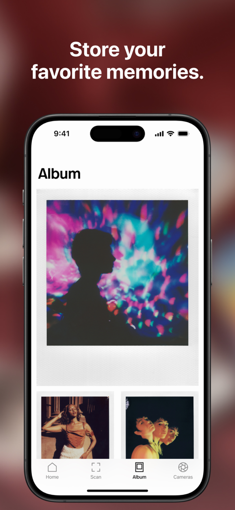 The Album screen of the Polaroid app showing a collection of scanned instant film photos in a digital gallery