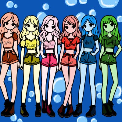 a group of girls wearing crop tops and shorts