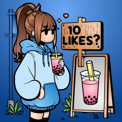 girl with oversized hoodie drinking boba and she has a high ponytail with a sign that says 10likes?