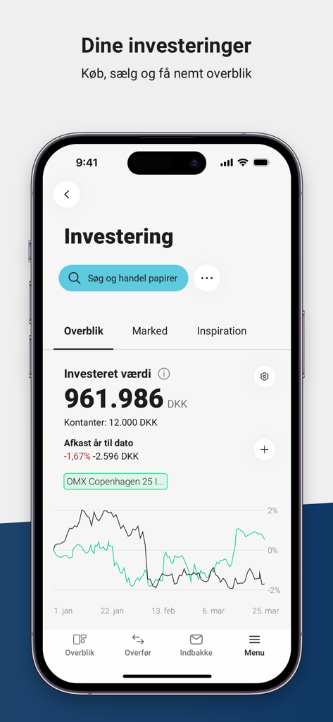 Sydbanks Mobilbank Privat - Investment portfolio screen in Sydbank mobile banking app displaying total invested value and performance chart