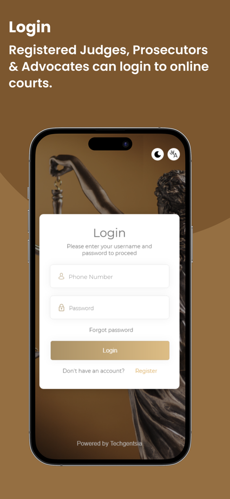 Vconsol-TSHC - Pantalla de inicio de sesión de la aplicación móvil Vconsol-TSHC para profesionales legales con campos de número de teléfono y contraseña
