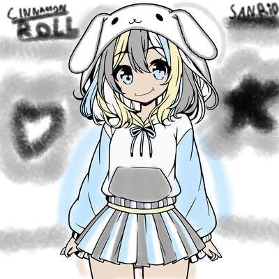 pretty anime girl wearing a fluffy hoodie with bunny ears on the hood and a skirt