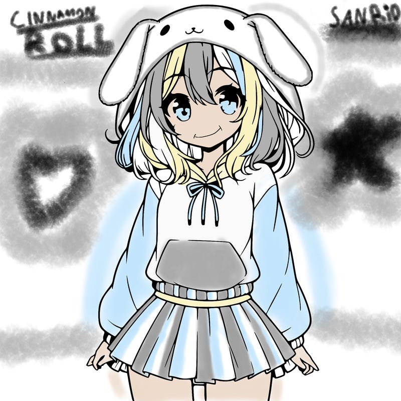 pretty anime girl wearing a fluffy hoodie with bunny ears on the hood and a skirt