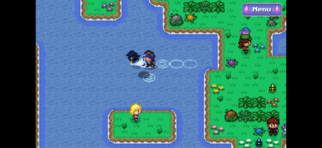 Battle Gem Ponies - Top down pixel art view of a trainer surfing on a pony in a vibrant world