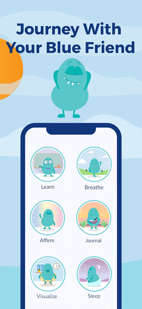 Rootd app interface showing features for anxiety relief with its friendly blue mascot