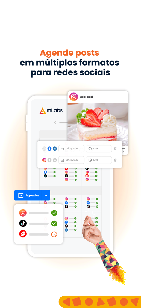 mLabs - Interface of mLabs app showing social media post scheduling across multiple platforms