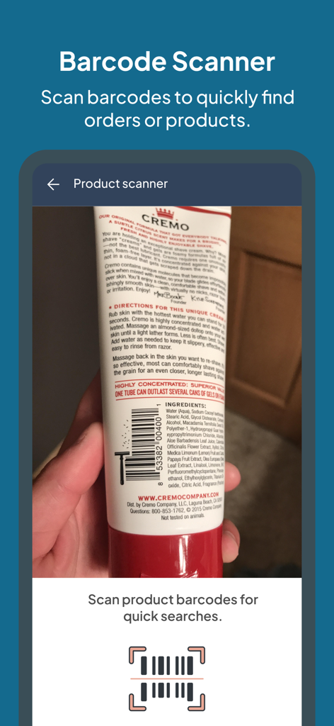 Hippoo Mobile App Barcode-Scanner-Oberfläche, die ein Produktetikett scannt.