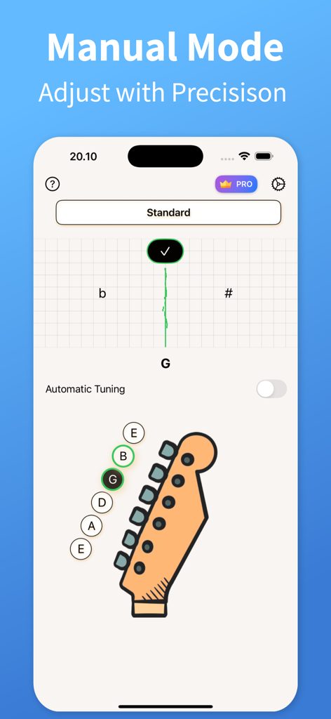 Electric Guitar Tuner ™ - Screenshot of the Electric Guitar Tuner app manual mode showing a pitch needle and guitar headstock diagram