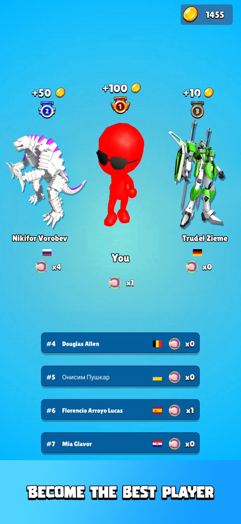Fire Arena - King of Monsters - Fire Arena leaderboard screen showing the top three players and a list of global competitors.