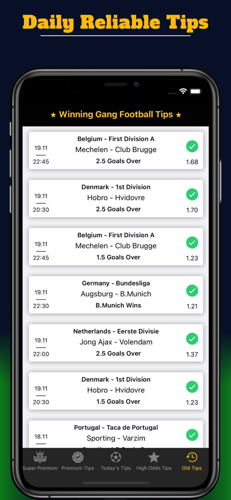 Winning Gang app screen displaying a list of successful football betting tips with green checkmarks