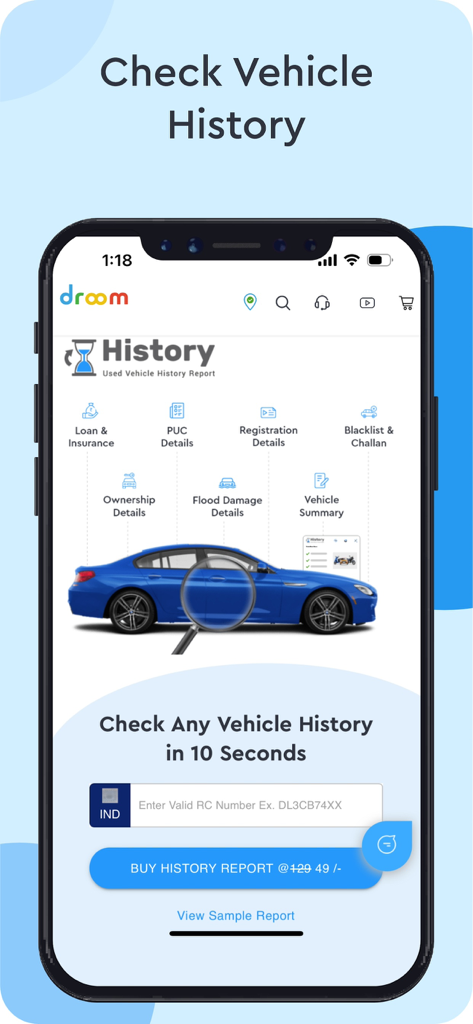 Droom: Buy Used Cars & Bikes - Capture d'écran de l'application Droom affichant la recherche de l'historique du véhicule par numéro d'immatriculation