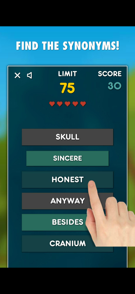 Ein Benutzer spielt den Finde-Paare-Modus in der Synonyme-Spiel-App, um Vokabeln zuzuordnen.