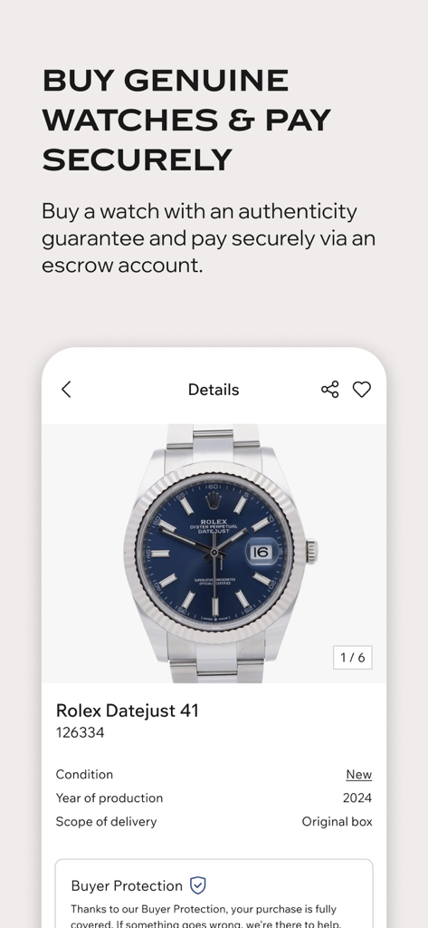 A luxury Rolex Datejust watch listing on the Chrono24 app highlighting authenticity guarantee and secure payment options.