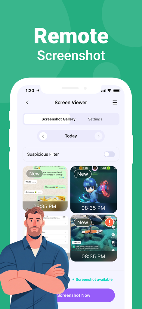 FamiSafe: Parental Control App - Interfaccia dell'app FamiSafe che mostra la galleria di screenshot remoti e il filtro attività sospette per la sicurezza dei bambini