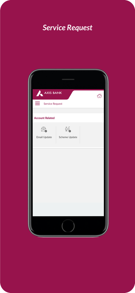 Axis Mobile - Corporate - Axis Mobile Corporate app screen showing account service request options like email and scheme updates