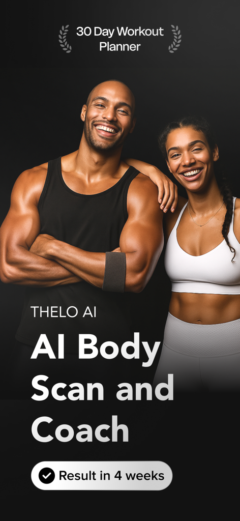 Thelo AI: Body Scan & Workouts - Fit man and woman smiling in front of text for Thelo AI Body Scan and Coach